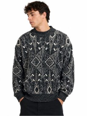 Vintage 80’s Santana Ltd Black Gray Geometric L Knit Wool Sweater Made in Korea